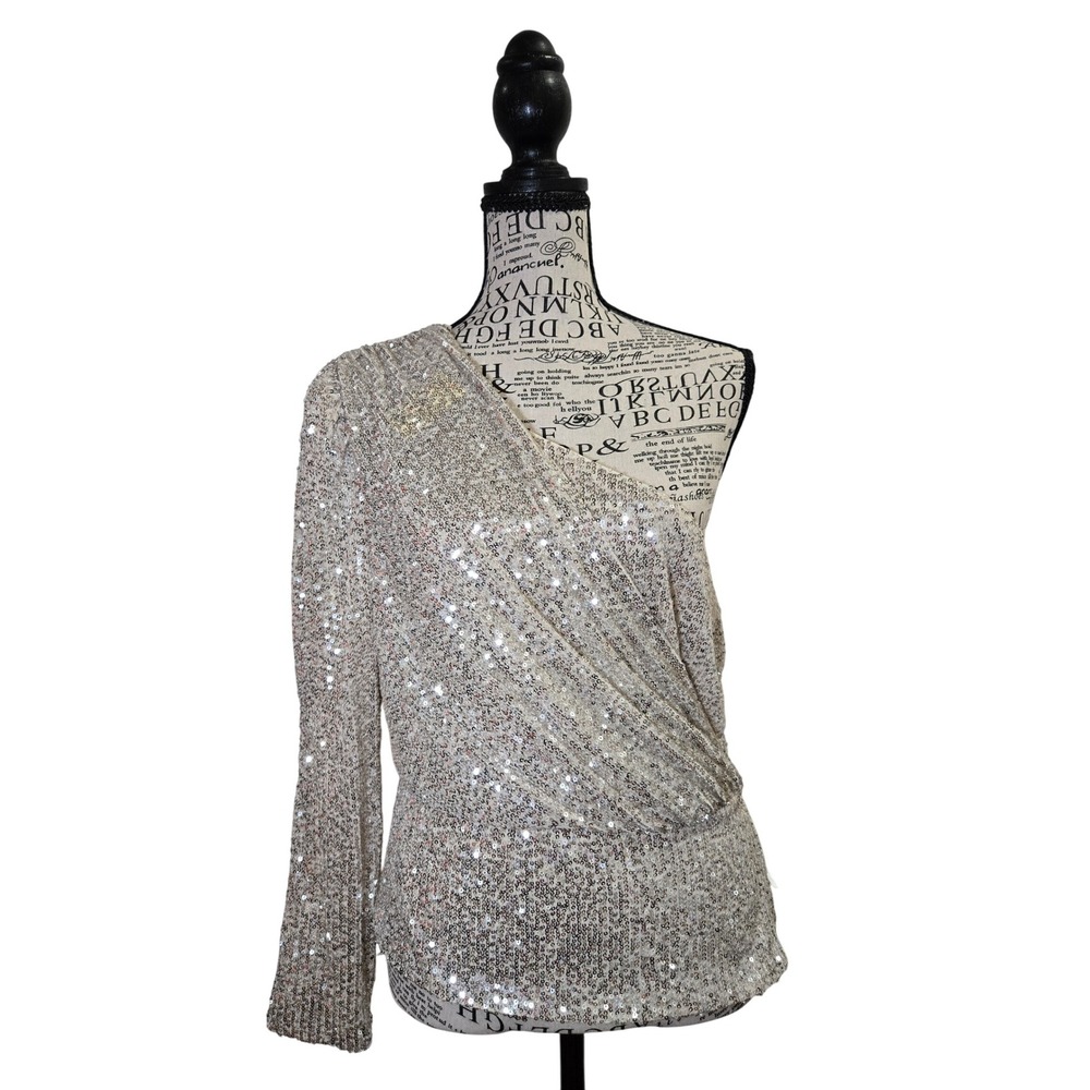 DO BE Silver Sequin One Shoulder Draped Party Top Shirt Blouse Size L